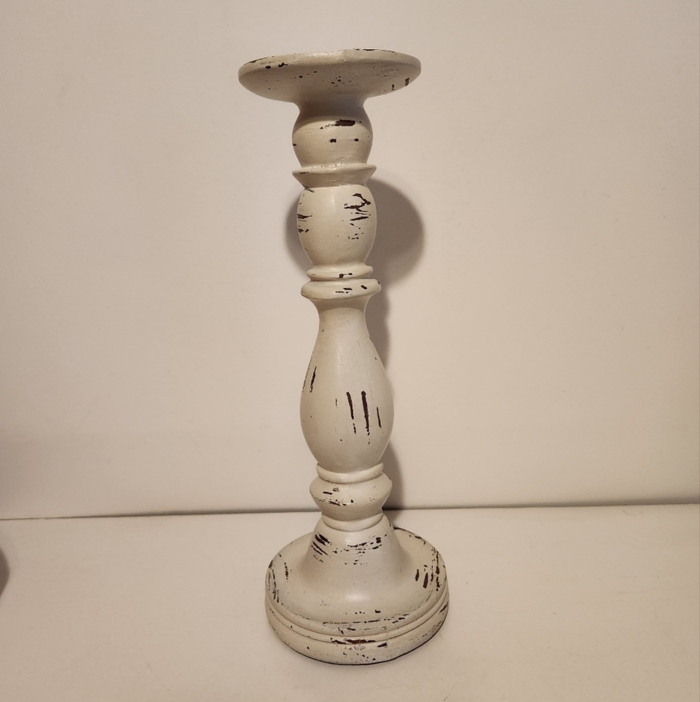 12” At Home White Rustic Worn Design Candlestick - Picture 2 of 8